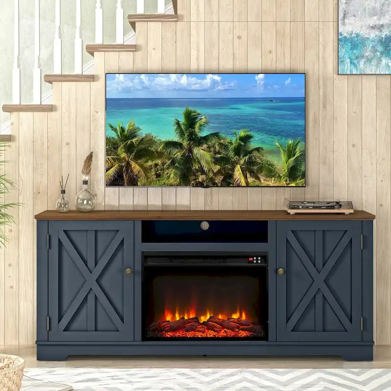 Meuble TV de ferme avec portes battantes et gestion des câbles – Blanc cassé / Marine / Gris – Convient aux téléviseurs jusqu'à 75"