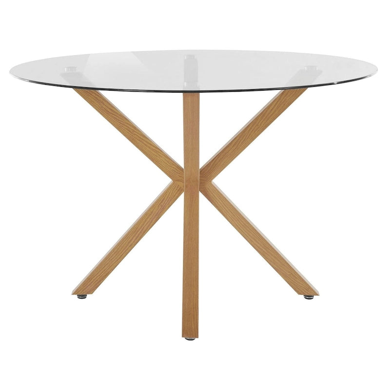 Table à manger ronde en verre avec pieds araignée en métal – Chêne – 4 places
