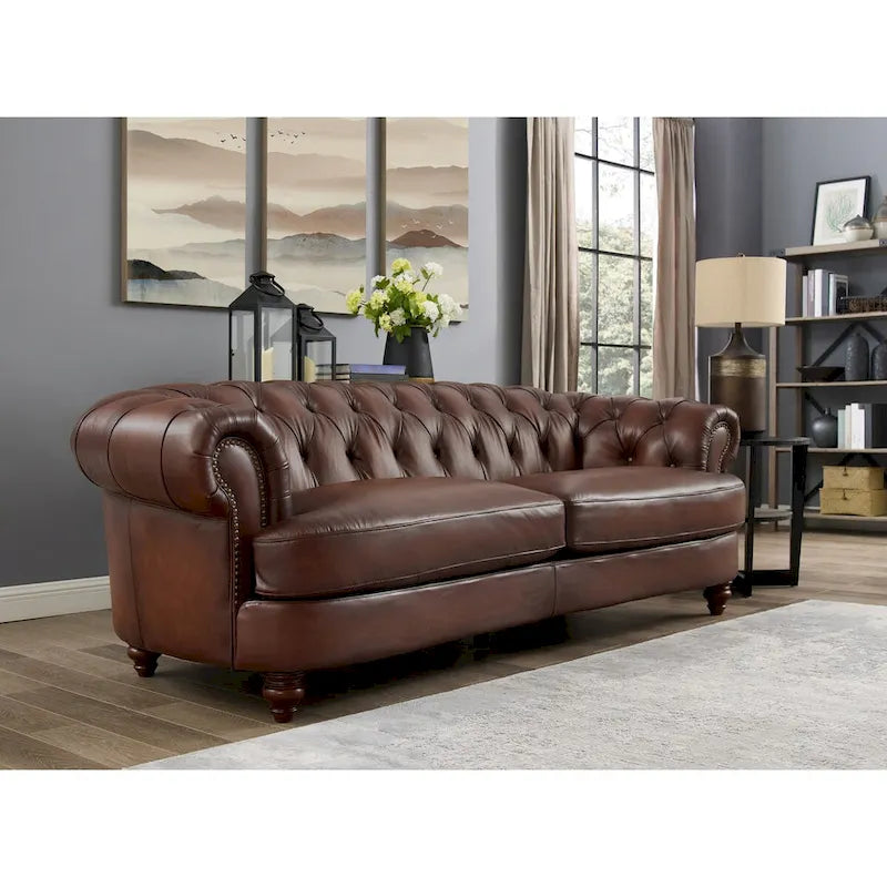 Chesterfield Top Grain Leather Sofa with Feather & Memory Foam – Caramel Brown – 3-Seater