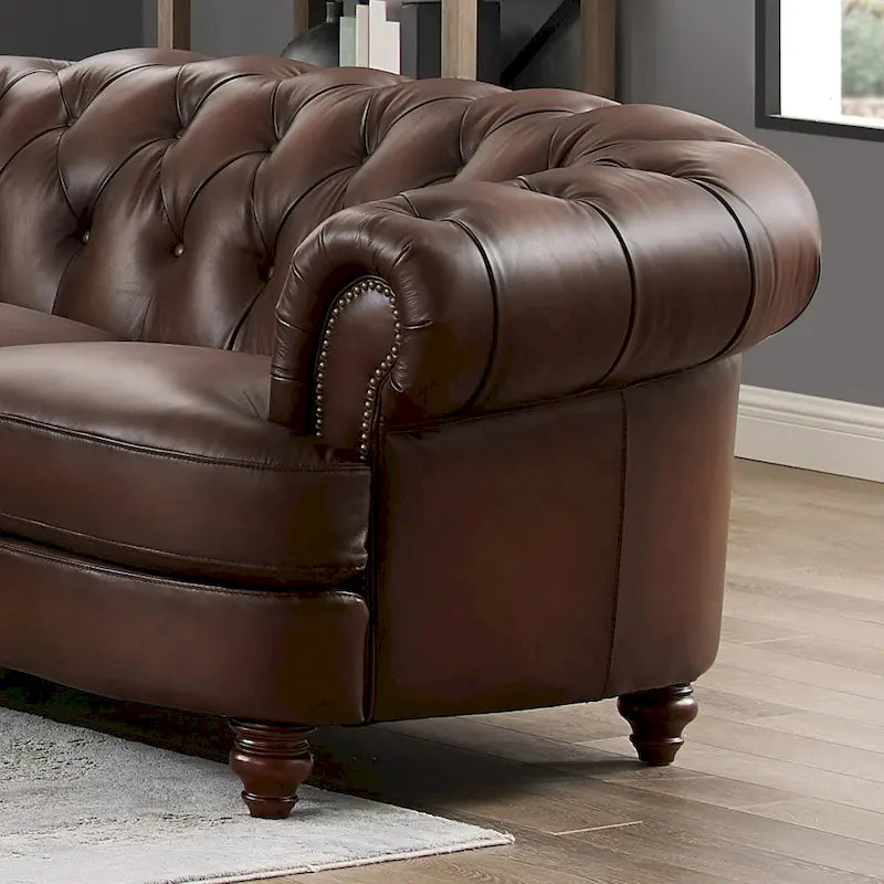 Chesterfield Top Grain Leather Sofa with Feather & Memory Foam – Caramel Brown – 3-Seater