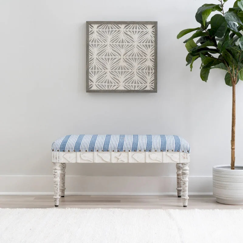 Banc d'entrée en forme de coquillage rembourré – Marron et beige / Bleu et blanc – 1 à 2 personnes