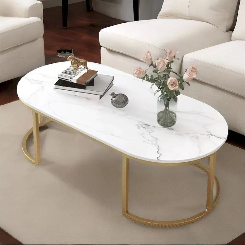 Oval Wood Coffee Table – White & Gold – Living Room