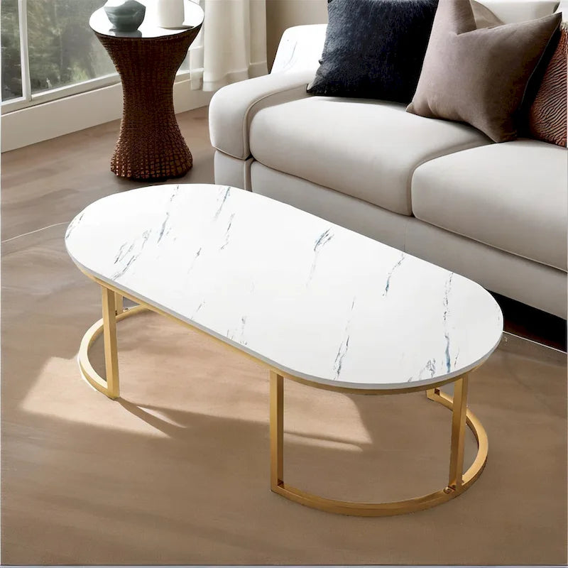 Oval Wood Coffee Table – White & Gold – Living Room