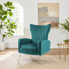 Fauteuil d'appoint capitonné en velours avec pieds en métal doré – Bleu paon / Gris / Blanc – 1 place