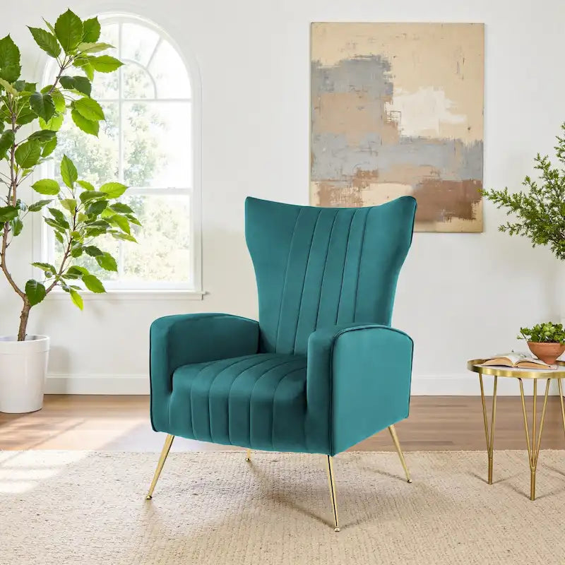Fauteuil d'appoint capitonné en velours avec pieds en métal doré – Bleu paon / Gris / Blanc – 1 place