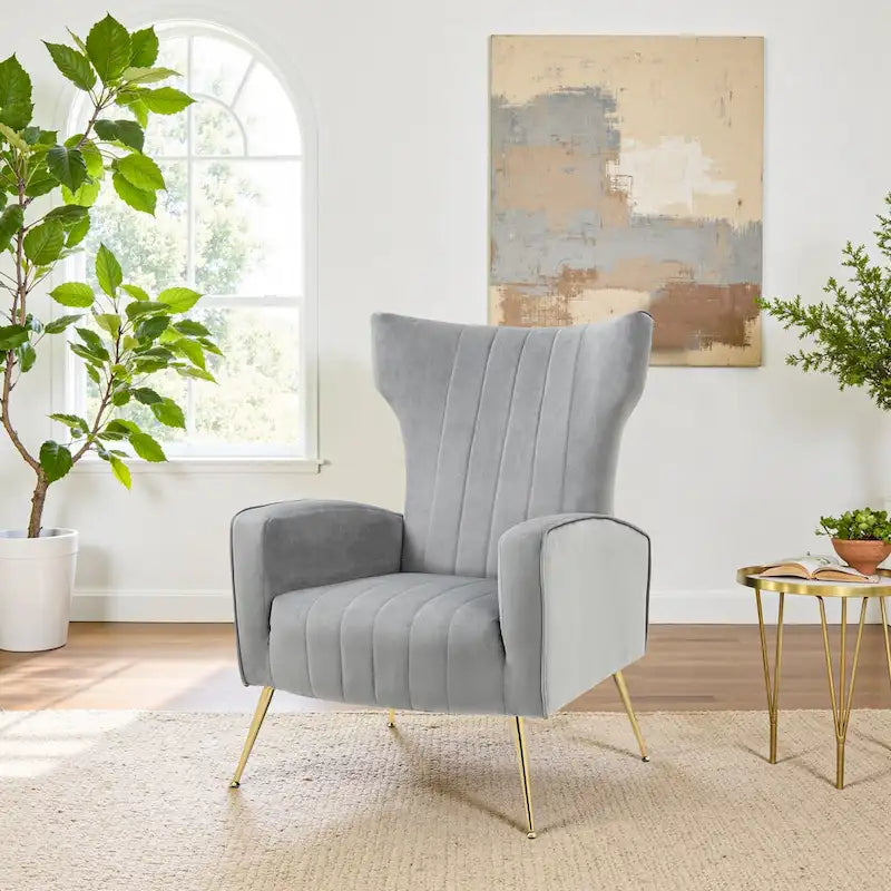 Fauteuil d'appoint capitonné en velours avec pieds en métal doré – Bleu paon / Gris / Blanc – 1 place