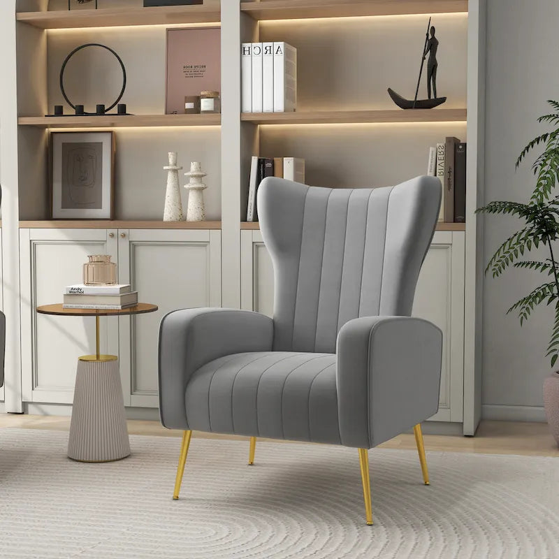 Fauteuil d'appoint capitonné en velours avec pieds en métal doré – Bleu paon / Gris / Blanc – 1 place
