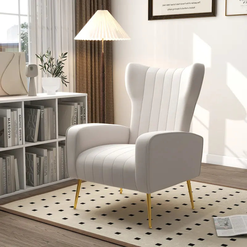 Fauteuil d'appoint capitonné en velours avec pieds en métal doré – Bleu paon / Gris / Blanc – 1 place