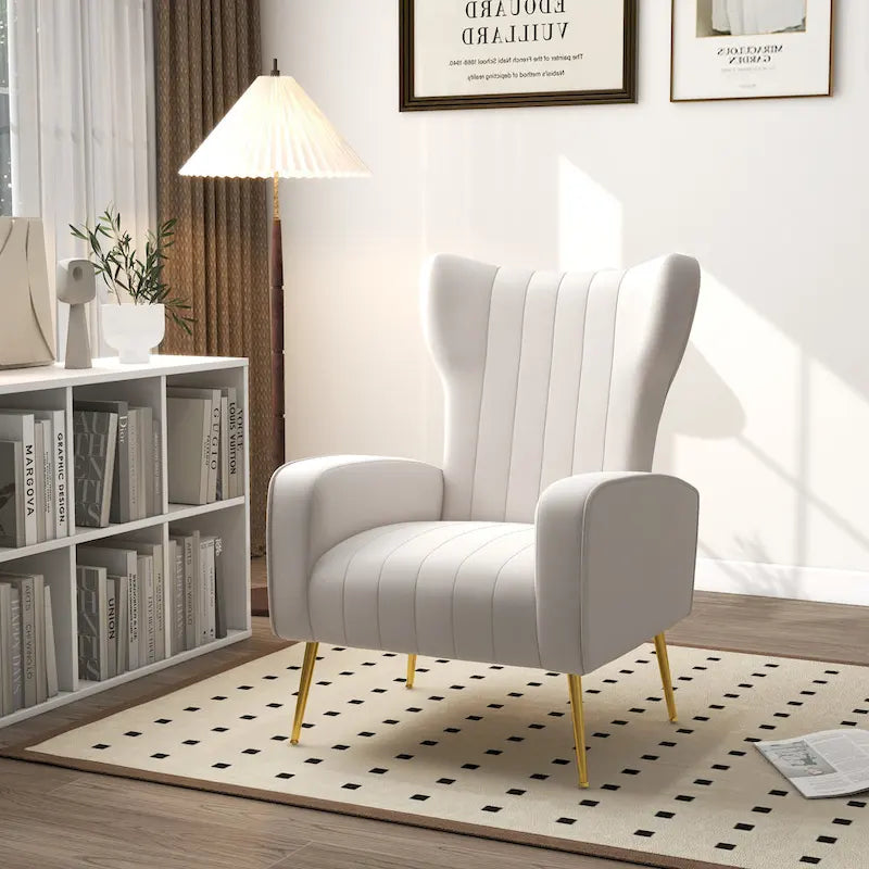 Fauteuil d'appoint capitonné en velours avec pieds en métal doré – Bleu paon / Gris / Blanc – 1 place