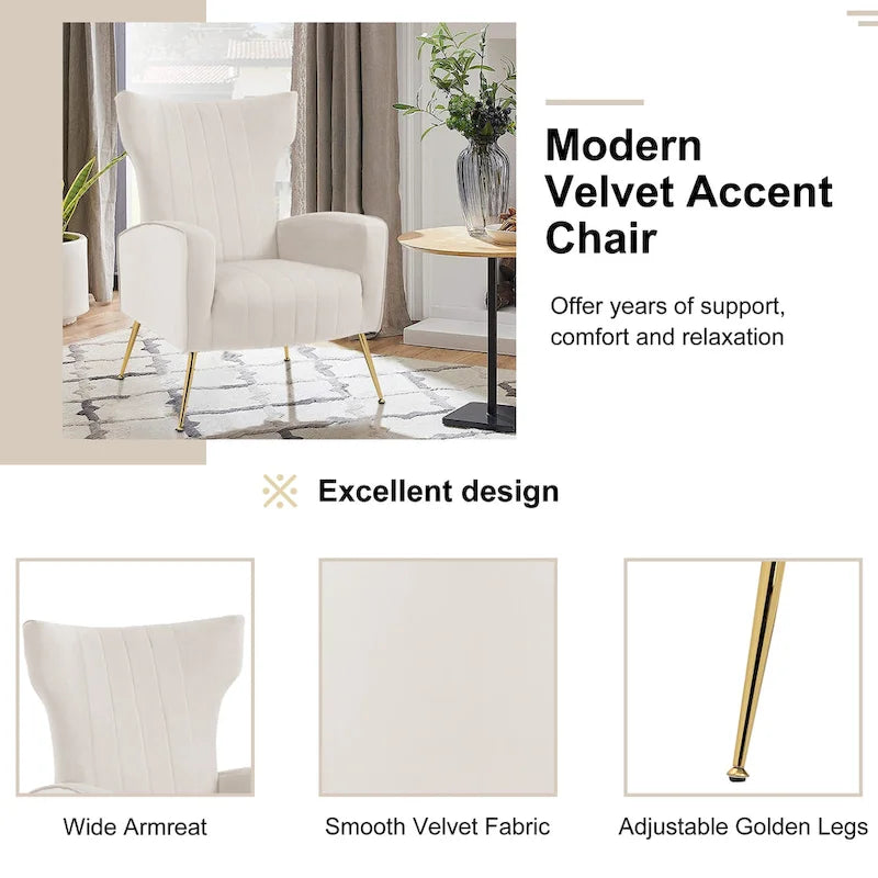 Fauteuil d'appoint capitonné en velours avec pieds en métal doré – Bleu paon / Gris / Blanc – 1 place