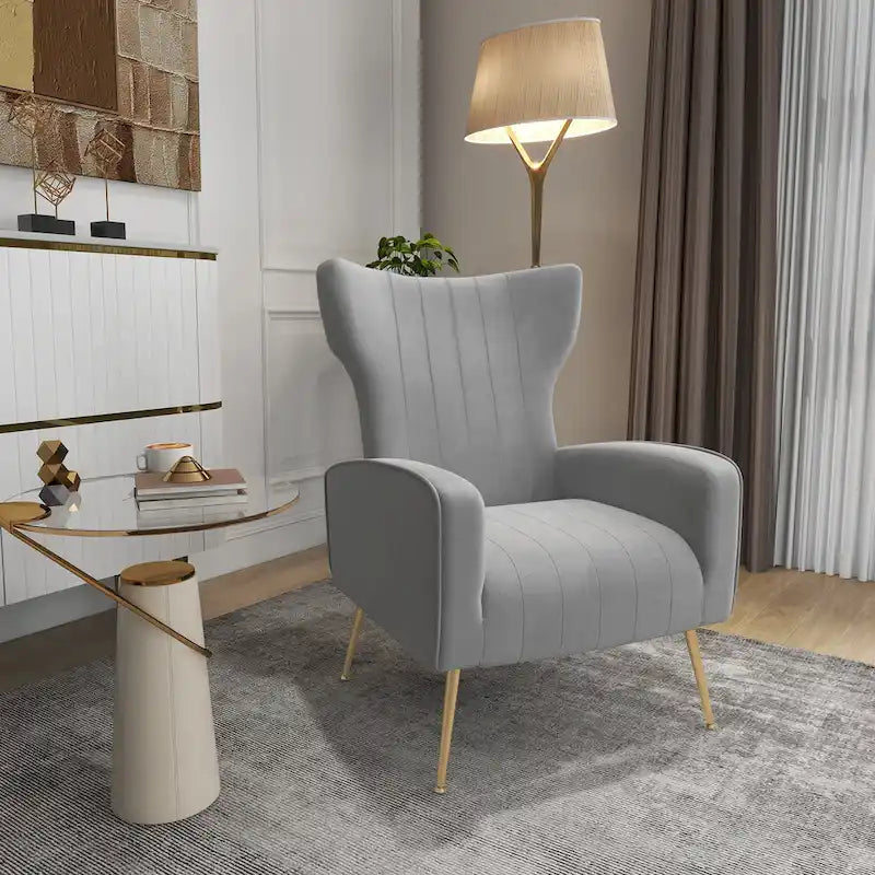 Fauteuil d'appoint capitonné en velours avec pieds en métal doré – Bleu paon / Gris / Blanc – 1 place