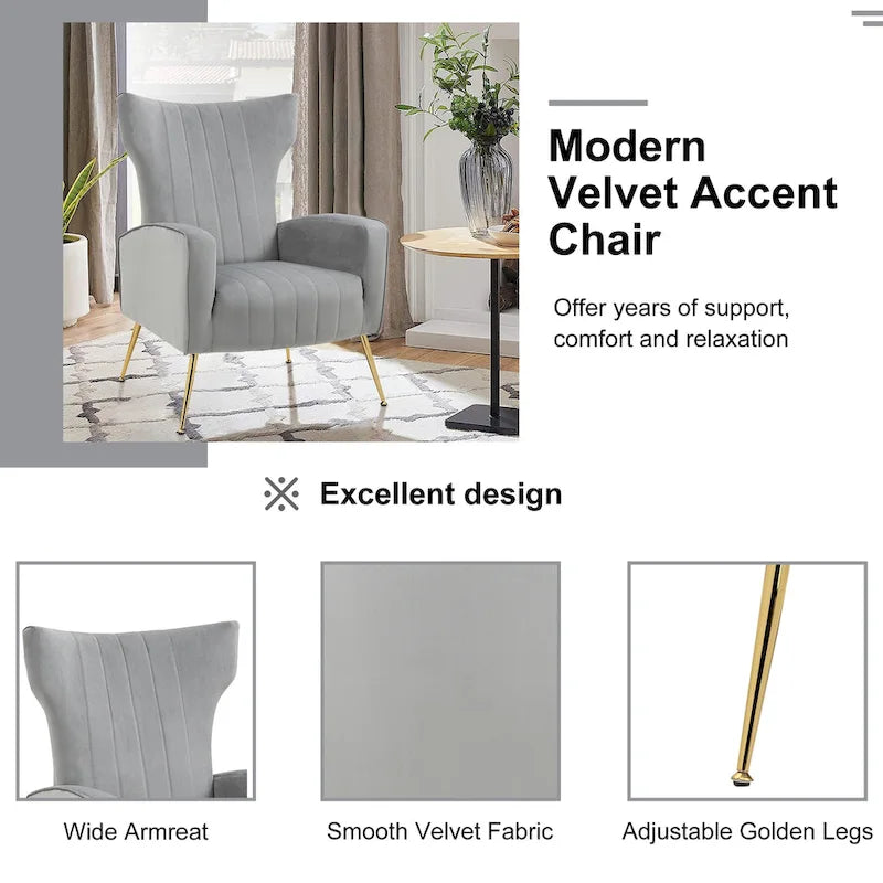 Fauteuil d'appoint capitonné en velours avec pieds en métal doré – Bleu paon / Gris / Blanc – 1 place