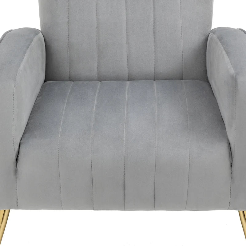 Fauteuil d'appoint capitonné en velours avec pieds en métal doré – Bleu paon / Gris / Blanc – 1 place