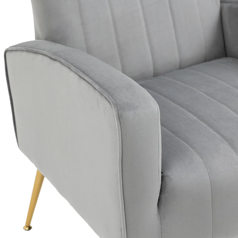 Fauteuil d'appoint capitonné en velours avec pieds en métal doré – Bleu paon / Gris / Blanc – 1 place