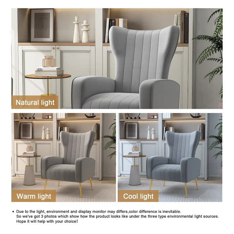 Fauteuil d'appoint capitonné en velours avec pieds en métal doré – Bleu paon / Gris / Blanc – 1 place