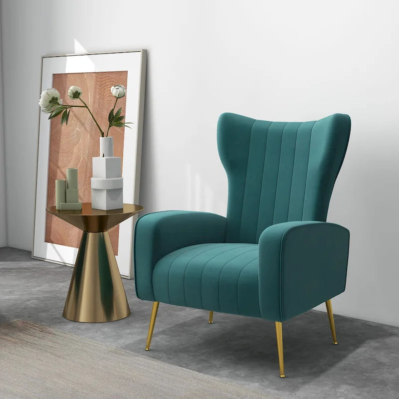 Fauteuil d'appoint capitonné en velours avec pieds en métal doré – Bleu paon / Gris / Blanc – 1 place