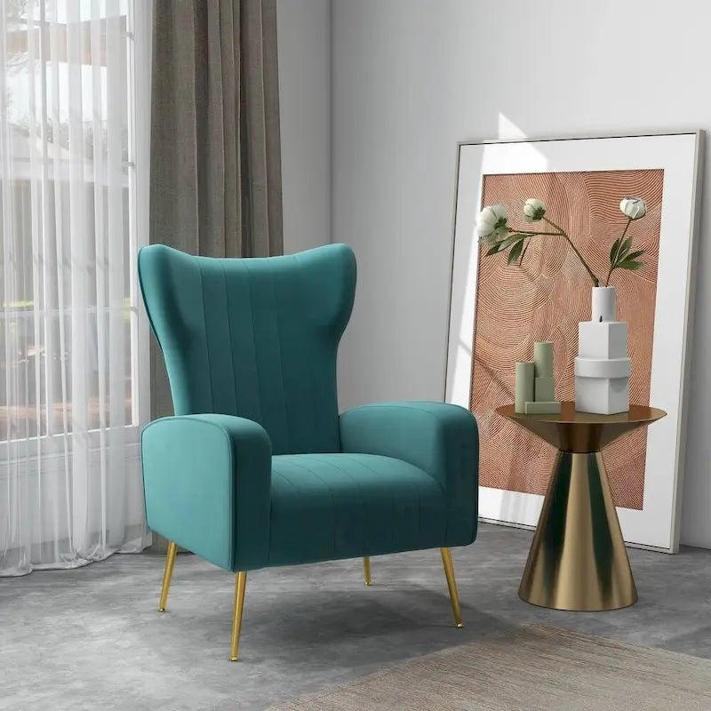 Fauteuil d'appoint capitonné en velours avec pieds en métal doré – Bleu paon / Gris / Blanc – 1 place
