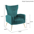Fauteuil d'appoint capitonné en velours avec pieds en métal doré – Bleu paon / Gris / Blanc – 1 place