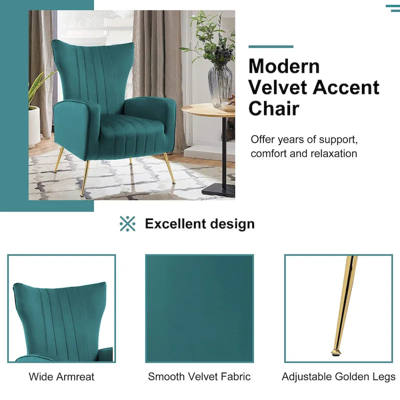 Fauteuil d'appoint capitonné en velours avec pieds en métal doré – Bleu paon / Gris / Blanc – 1 place