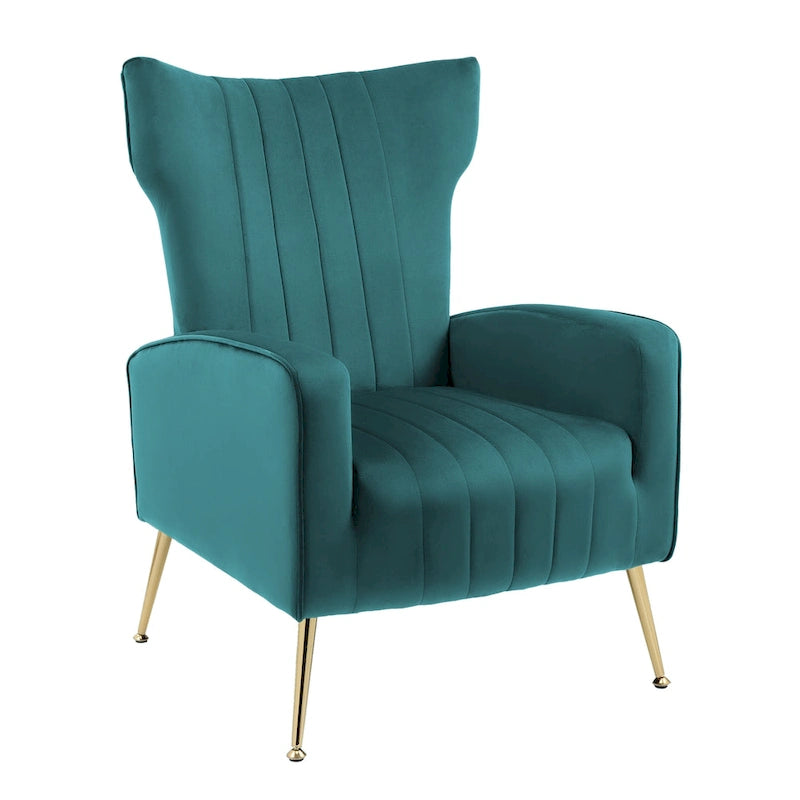 Fauteuil d'appoint capitonné en velours avec pieds en métal doré – Bleu paon / Gris / Blanc – 1 place