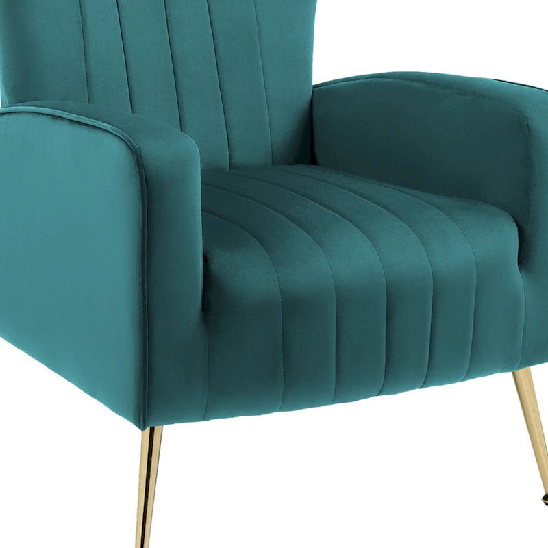 Fauteuil d'appoint capitonné en velours avec pieds en métal doré – Bleu paon / Gris / Blanc – 1 place