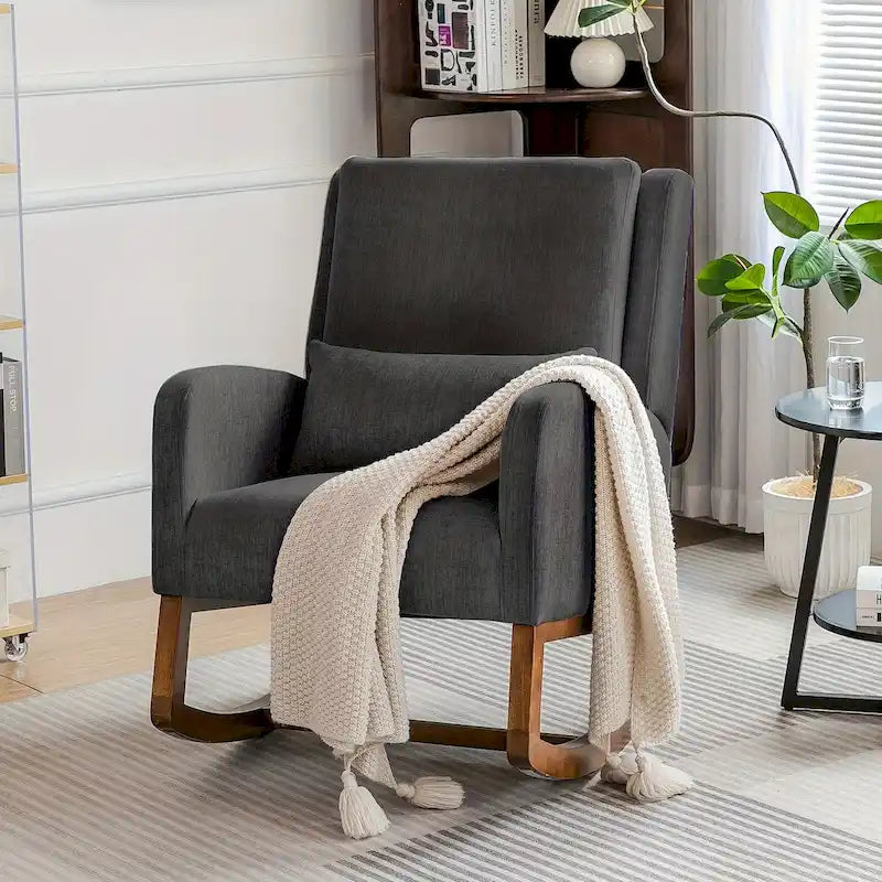 Upholstered Glider Rocking Chair with Pillow & Side Pocket – Black / Grey / Beige – 1-Seater