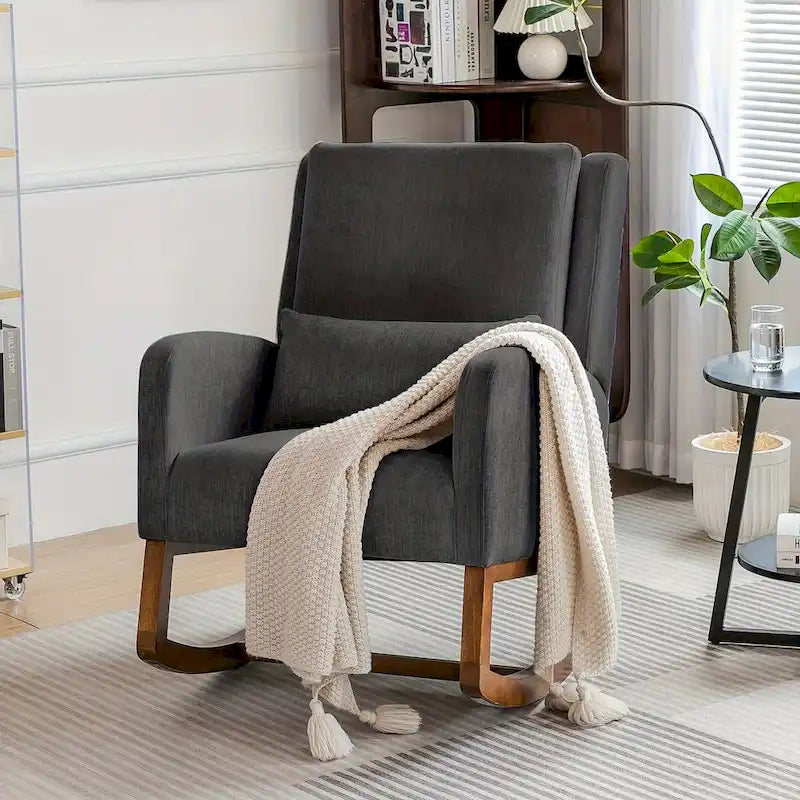 Upholstered Glider Rocking Chair with Pillow & Side Pocket – Black / Grey / Beige – 1-Seater