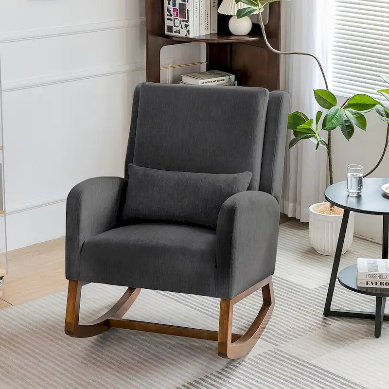 Upholstered Glider Rocking Chair with Pillow & Side Pocket – Black / Grey / Beige – 1-Seater