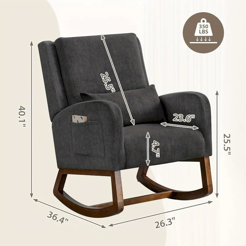 Upholstered Glider Rocking Chair with Pillow & Side Pocket – Black / Grey / Beige – 1-Seater