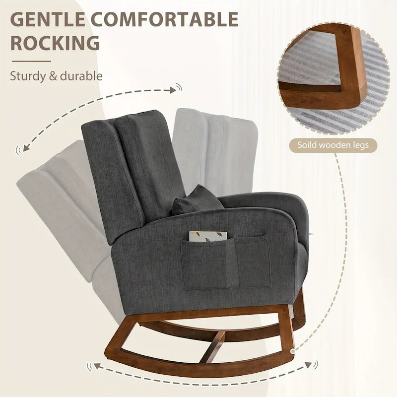 Upholstered Glider Rocking Chair with Pillow & Side Pocket – Black / Grey / Beige – 1-Seater