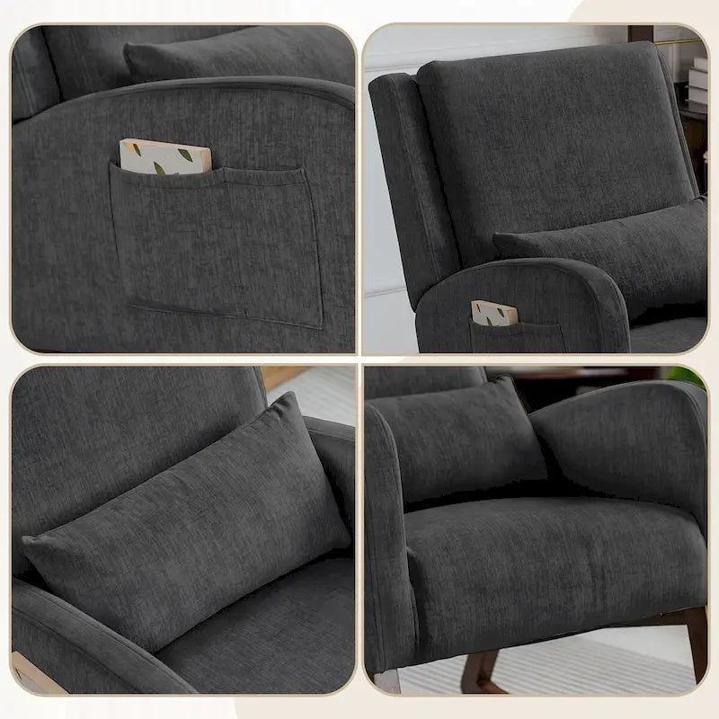 Fauteuil à bascule et coulissant rembourré avec oreiller et poche latérale – Noir / Gris / Beige – 1 place