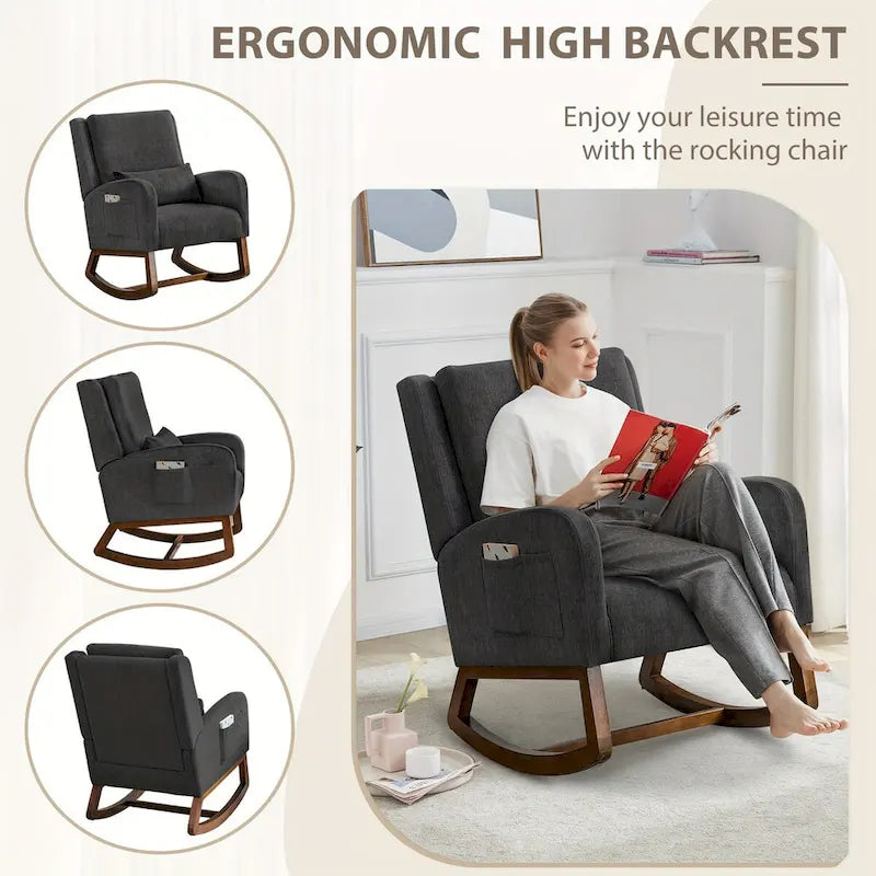 Fauteuil à bascule et coulissant rembourré avec oreiller et poche latérale – Noir / Gris / Beige – 1 place