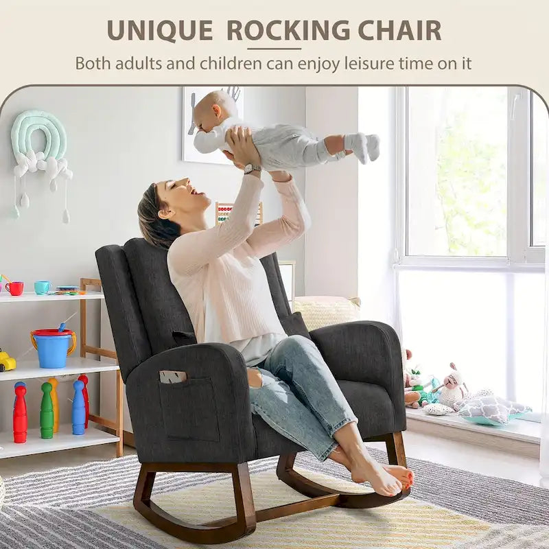 Fauteuil à bascule et coulissant rembourré avec oreiller et poche latérale – Noir / Gris / Beige – 1 place