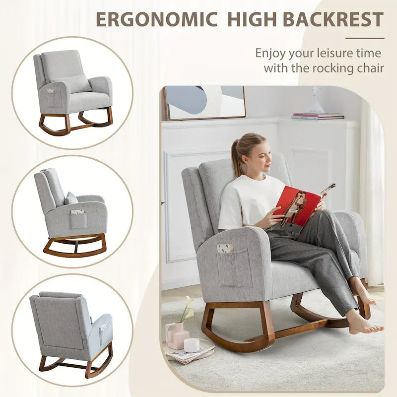 Fauteuil à bascule et coulissant rembourré avec oreiller et poche latérale – Noir / Gris / Beige – 1 place