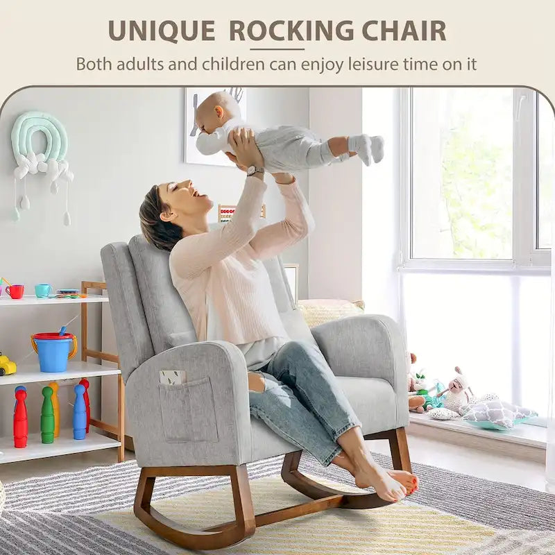 Fauteuil à bascule et coulissant rembourré avec oreiller et poche latérale – Noir / Gris / Beige – 1 place